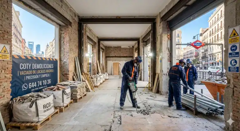 Operarios de Coty Demoliciones realizando el vaciado de un local comercial en Madrid con martillos neumáticos y gestión de escombros RCD.