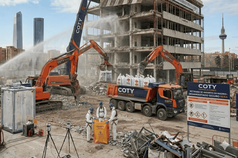 Operarios de Coty Demoliciones con EPIs de alta protección y cabina de descontaminación retirando una cubierta de Uralita en Madrid.