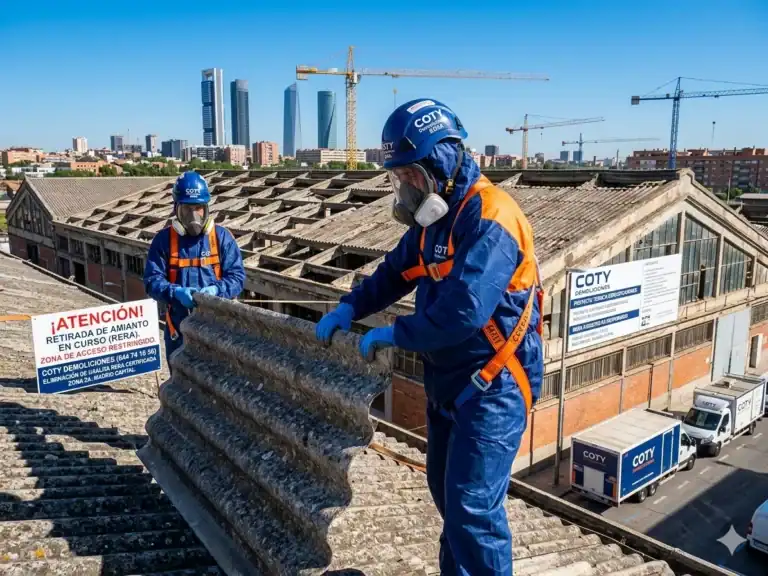 Retirada de amianto y uralita en Madrid por COTY Demoliciones, empresa RERA autorizada. Operarios especializados con EPIS en azul y naranja sobre tejado industrial con skyline de Madrid de fondo.