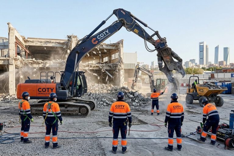 Maquinaria de Coty Demoliciones realizando el desmantelamiento de una estructura de hormigón con cizalla hidráulica en un entorno industrial.