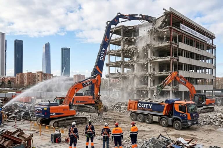 Maquinaria pesada de Coty Demoliciones, incluyendo una excavadora de largo alcance con cizalla hidráulica, desmantelando la estructura de un edificio industrial de hormigón en Madrid.