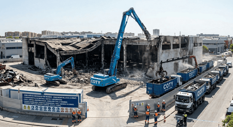 Demolición de nave industrial en Vallecas tras incendio en el Gran Bazar con excavadora de brazo largo de 32 metros Coty Demoliciones.