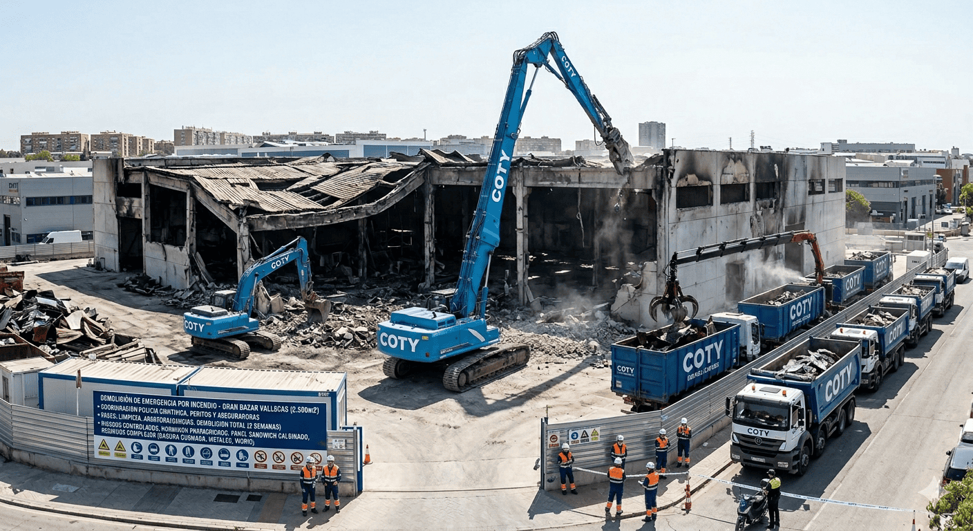 Demolición de nave industrial en Vallecas incendio Gran Bazar Coty Demoliciones