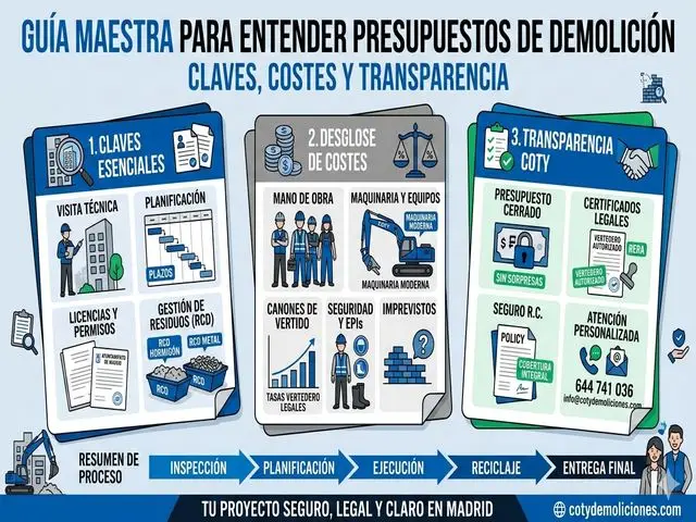 Infografía detallada de presupuesto de demolición técnica en Madrid por Coty Demoliciones