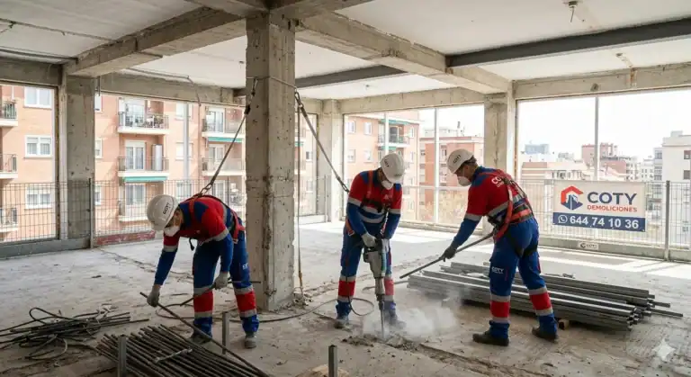 Intervención de Coty Demoliciones en Madrid con operarios equipados con arnés y abundantes materiales demolidos en el suelo.